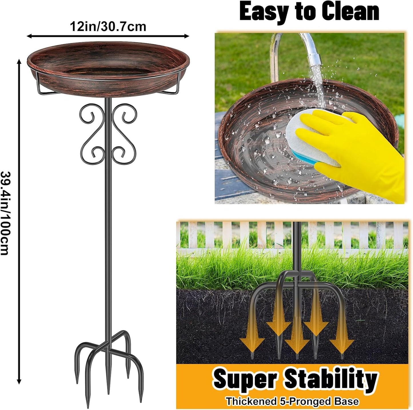 Metal Bird Bath for Outside,Bird Baths Feeder Bowl with 5 Prongs Base Stake,Freestanding BirdBaths for Outdoors Garden Patio Yard Lawn Decor (Vintage Bronze)