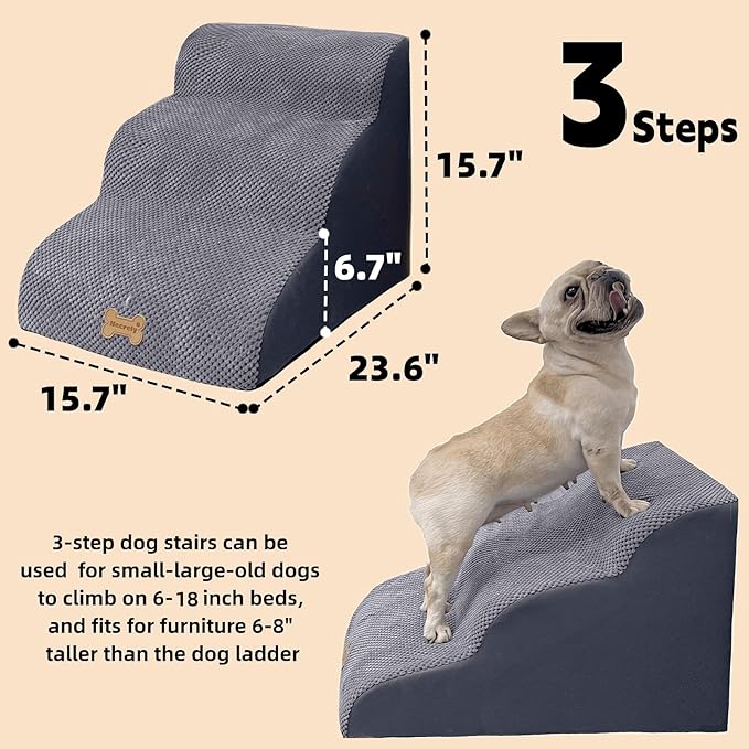 Dog Stairs to high beds, 3-step dog stairs for dogs to get on bed couch high 16"-20 inch, dog pet stairs for small large dogs cats climbing to bed, Non-Slip balanced doggy Grey (23.7*15.8*15.8 IN 33D)