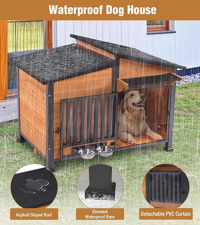 GUTINNEEN Dog House Outdoor with Anti-Chewing Metal Frame, Wooden Dog Kennel with 360° Rotating Feeding Bowl, Weatherproof Roof, for Indoor & Outdoor Use - Natural Wood Color