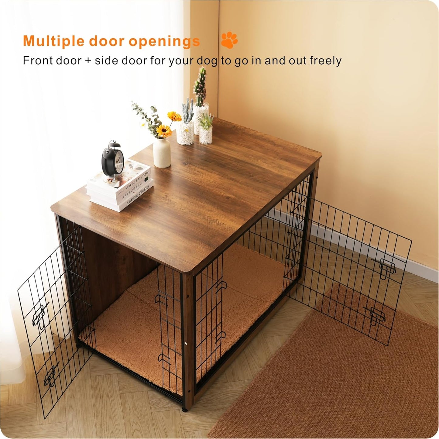DWANTON Dog Crate Furniture with Cushion, Wooden Kennel Table with Double Doors, Indoor Dog House, Extra Large, 43.3" L, Warm Brown