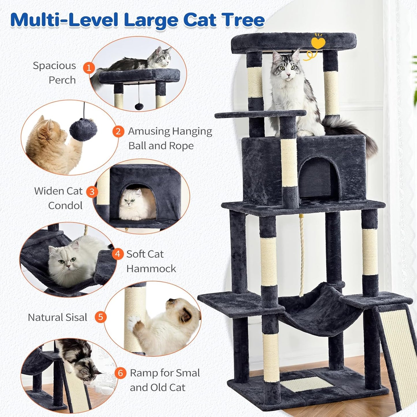 Cat Tree Tower 63in Multi-Level Cat Tower for Indoor Cats with Sisal Scratching Posts, Condo, Hammock, Dangling Ball and Extended Platform for Cats to Play, Dark Grey