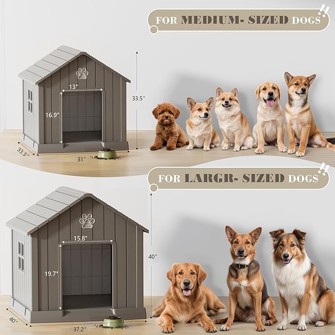 Large Dog House Outdoor Indoor for Medium Large Dogs, Durable Plastic Waterproof Doghouse with Air Vents and Elevated Floor, Easy Clean and Assemble (Grey, 37.2" L x 40" W x 40" H)