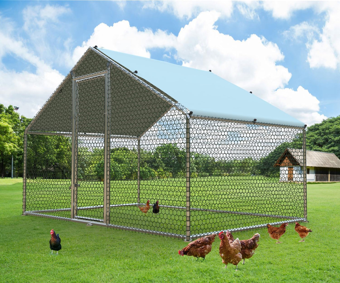 1.26’’ Large Metal Chicken Coop Walk in, Chicken Pen for Chickens, Outdoor Chicken Runs Coops Dog Kennel, Spire Roofed Chicken Runs for Yard with Anti-Ultraviolet Cover(9.8’Lx6.6’Wx6.4’H)