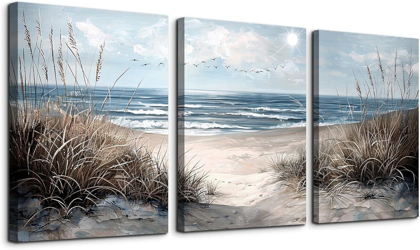 TTHYUEWS Canvas Wall Art For Living Room Wall Decor For Bedroom Modern Office Canvas Art Office Decor Blue Sea Beach Wall Paintings Prints Pictures Artwork Ready To Hang Home Decor 20" X 28"3 Piece