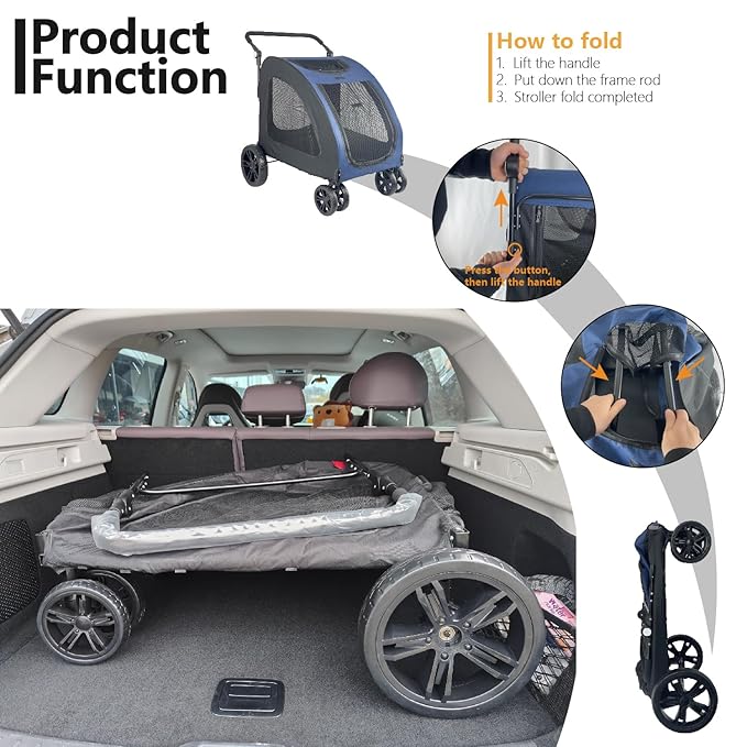 Extra Large Dog Stroller for Medium & Large Pets - Foldable Design, Adjustable Handle, Up to 130 lbs(Red)