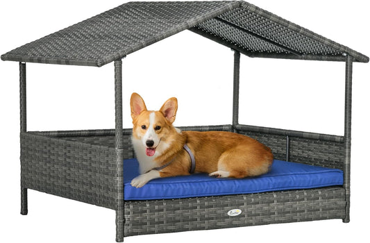 PawHut Wicker Dog House Outdoor with Canopy, Rattan Dog Bed with Water-Resistant Cushion, Raised Dog Bed for Small, Medium Dogs up to 66 lbs, 19.75" in Length, Gray Wicker, Dark Blue Cushion