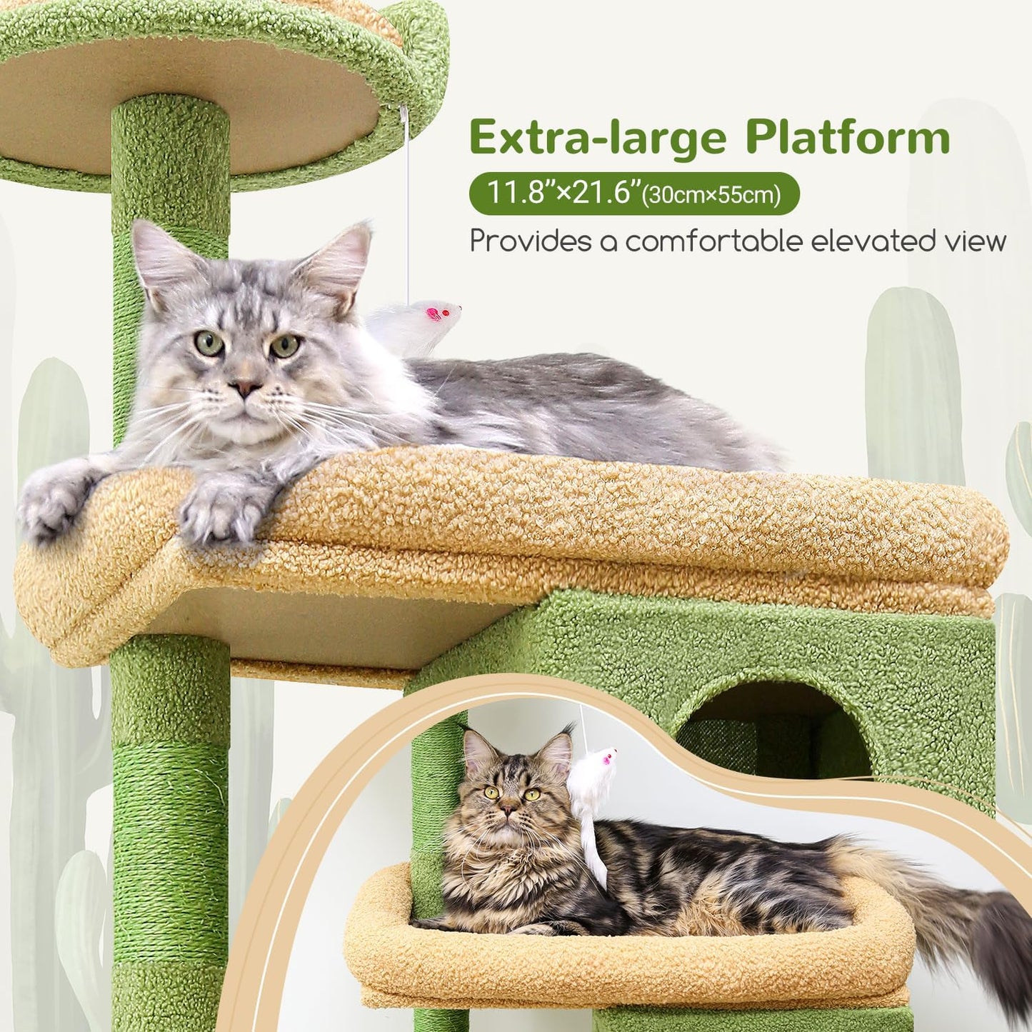 Globlazer Heavy Duty Cactus Cat Tree for Large Cats, Sturdy 72in Maine Coon Cat Tree for Large Cats 20 lbs+ Cactus Cat Tower for Adult Biggest Cats with 6 Scratching Posts, Hammock, S72, Green