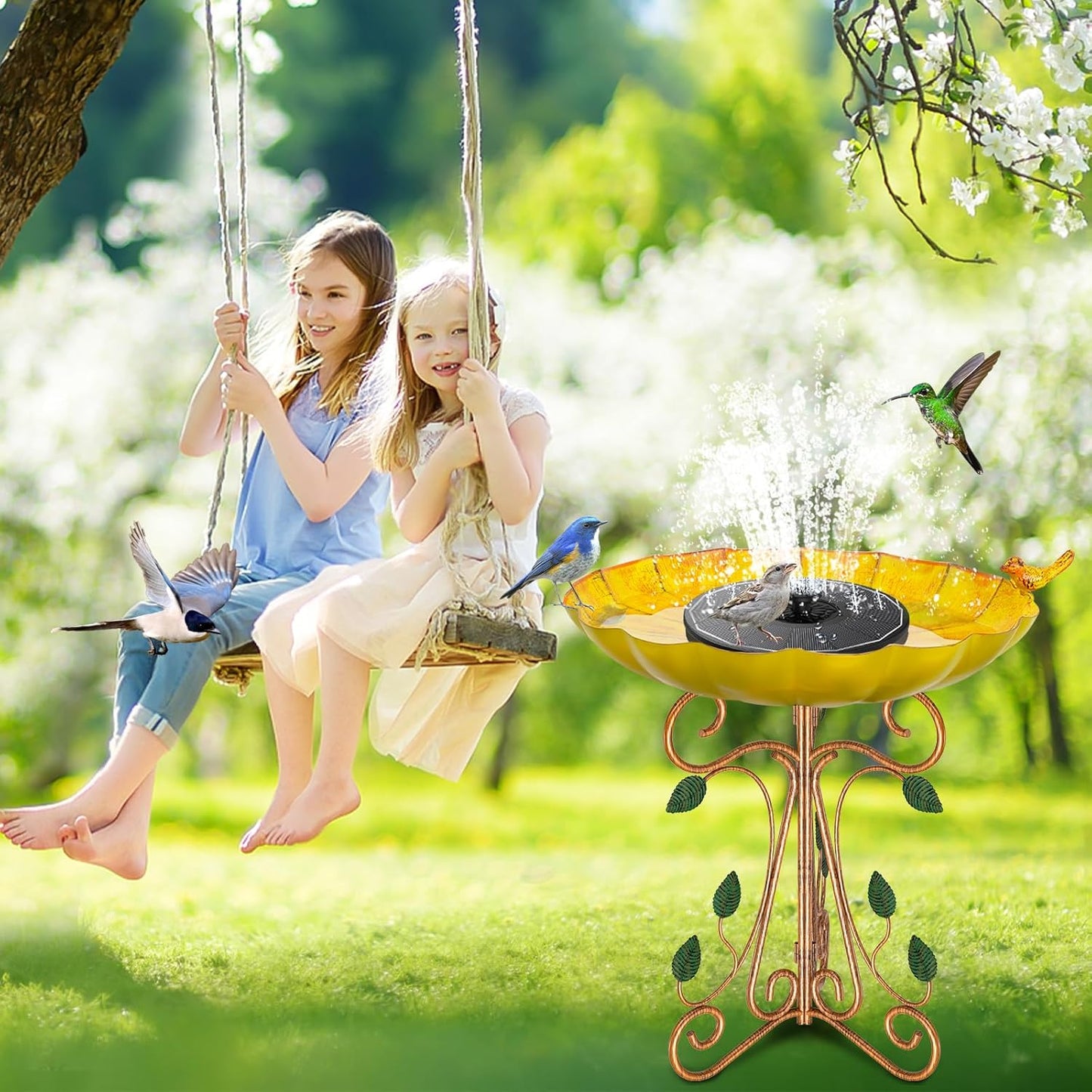 Vintage Metal Bird Bath for Outside, 13" Dia Birdbaths Bowl with Cast Iron Pedestal, Large Antique Bird Feeder with Folding Bracket for Outdoors Garden Patio Yard Decor (Retro Yellow)