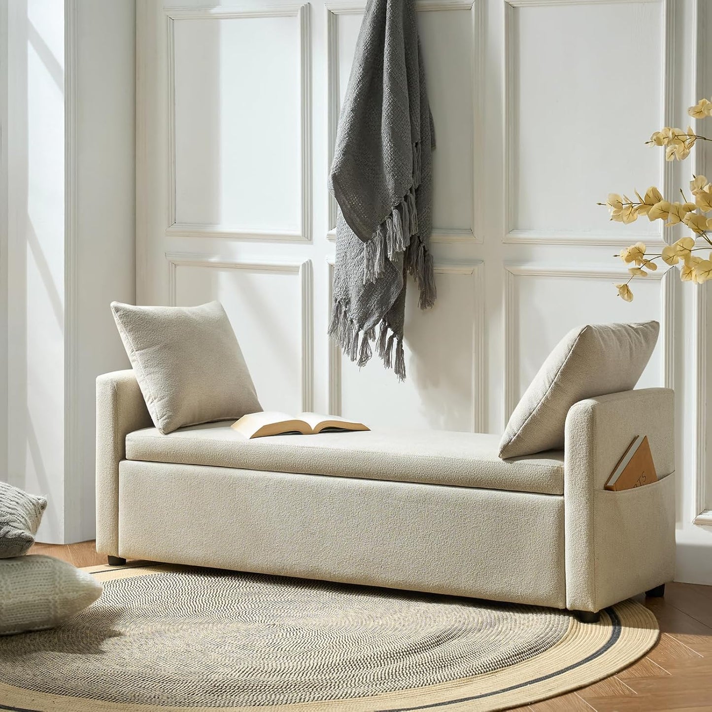 HULALA HOME Modern Storage Ottoman Bench with Throw Pillows, 59" Extra Long End of Bed Bench with Storage Pocket, Comfy Upholstered Footstool for Bedroom Entryway Living Room, Ivory