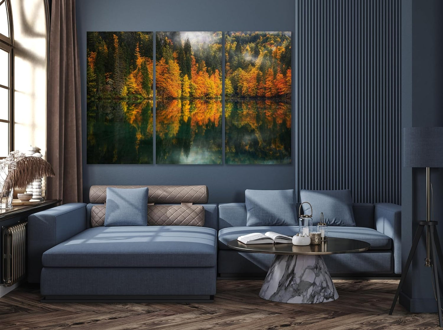 Nature Wall Art Prints - Ocean Forest Mountain Lake Canvas Landscapes - Small to Extra Large Living Room Bedroom Kitchen Bathroom Décor (Autumn by the Lake, 31L" x 47W" - 3 Panels)