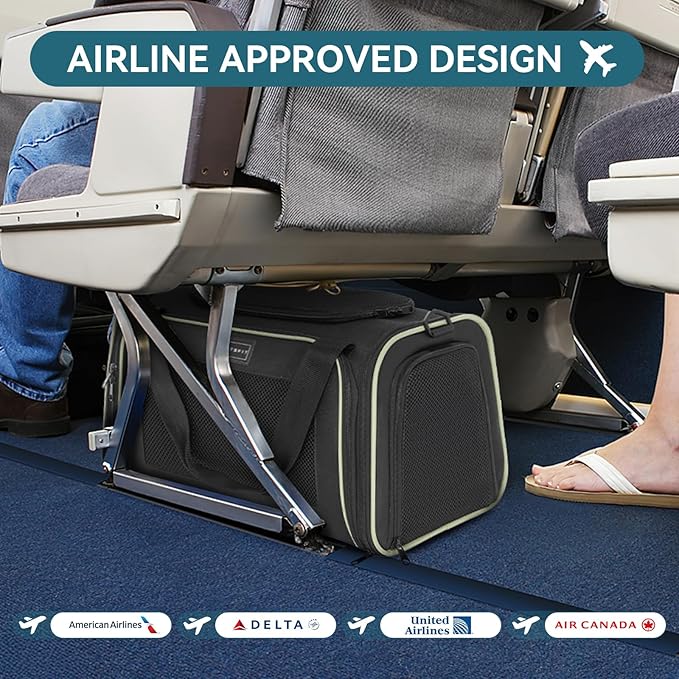 PETSFIT Pet Carrier Airline Approved with Extendable Mat, Dog Carriers for Small Dogs, TSA Approved Pet Carrier, Puppy Carrier for Small and Medium Cats Under 12 Lbs, Black