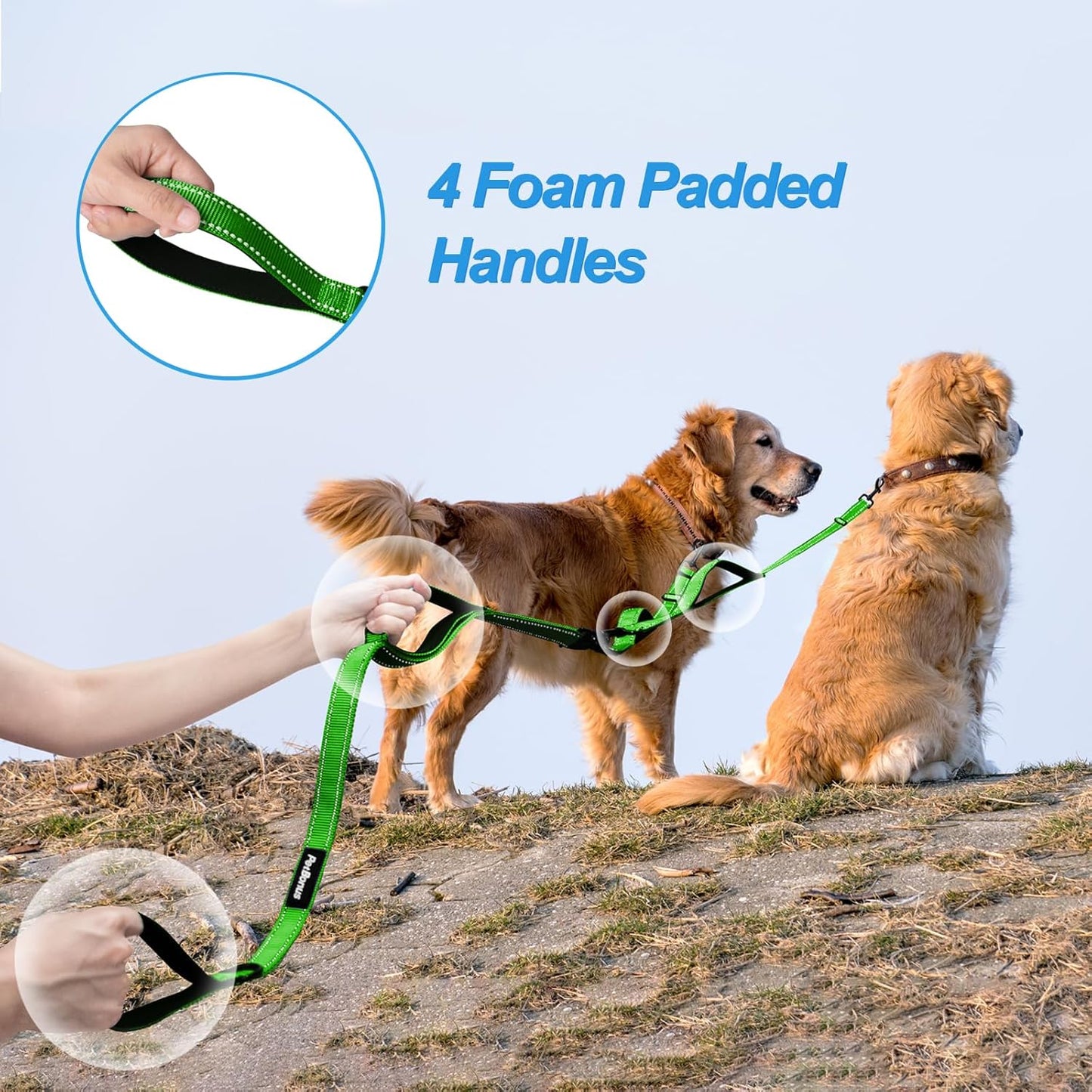 PetBonus Double Dog Leash, No Tangle Dual Leash, Reflective Walking Training Lead, 4 Comfortable Padded Handles for 2 Dogs with Collapsible Bowl and Waste Bags (Grass Green, Large)