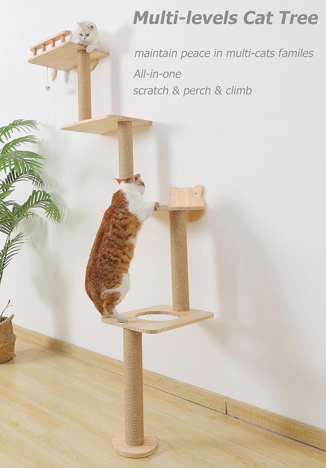 Cat Tree Wall Mounted with 4 Levels Shelves, 73" Wood Corner Tower Inside Kitten Playground for Climbing,Playing and Lounging (Right to Left)