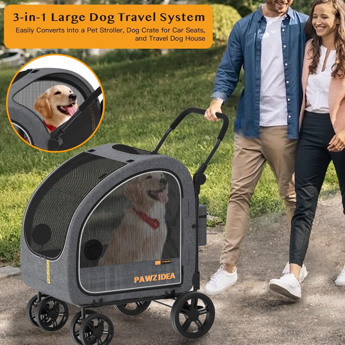 PAWZIDEA Dog Stroller for Large Dogs, Pet Stroller with Detachable Carrier for Portable Dog Crate for Car Seat, Foldable Dogs Jogger Strollers, All Terrain 9” Wheels, Adjustable Handle, Up to 80lbs