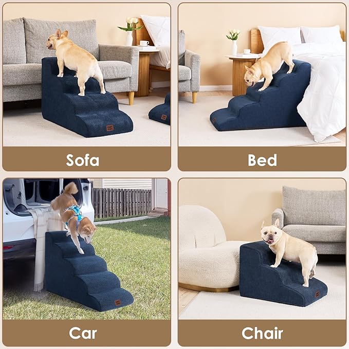 EHEYCIGA Curved Dog Stairs Ramp for Small Dogs 15.7" H, 3-Step Dog Steps for Couch Sofa and Chair, Pet Stairs for Cats, Non-Slip Balanced Pet Steps Indoor, Navy