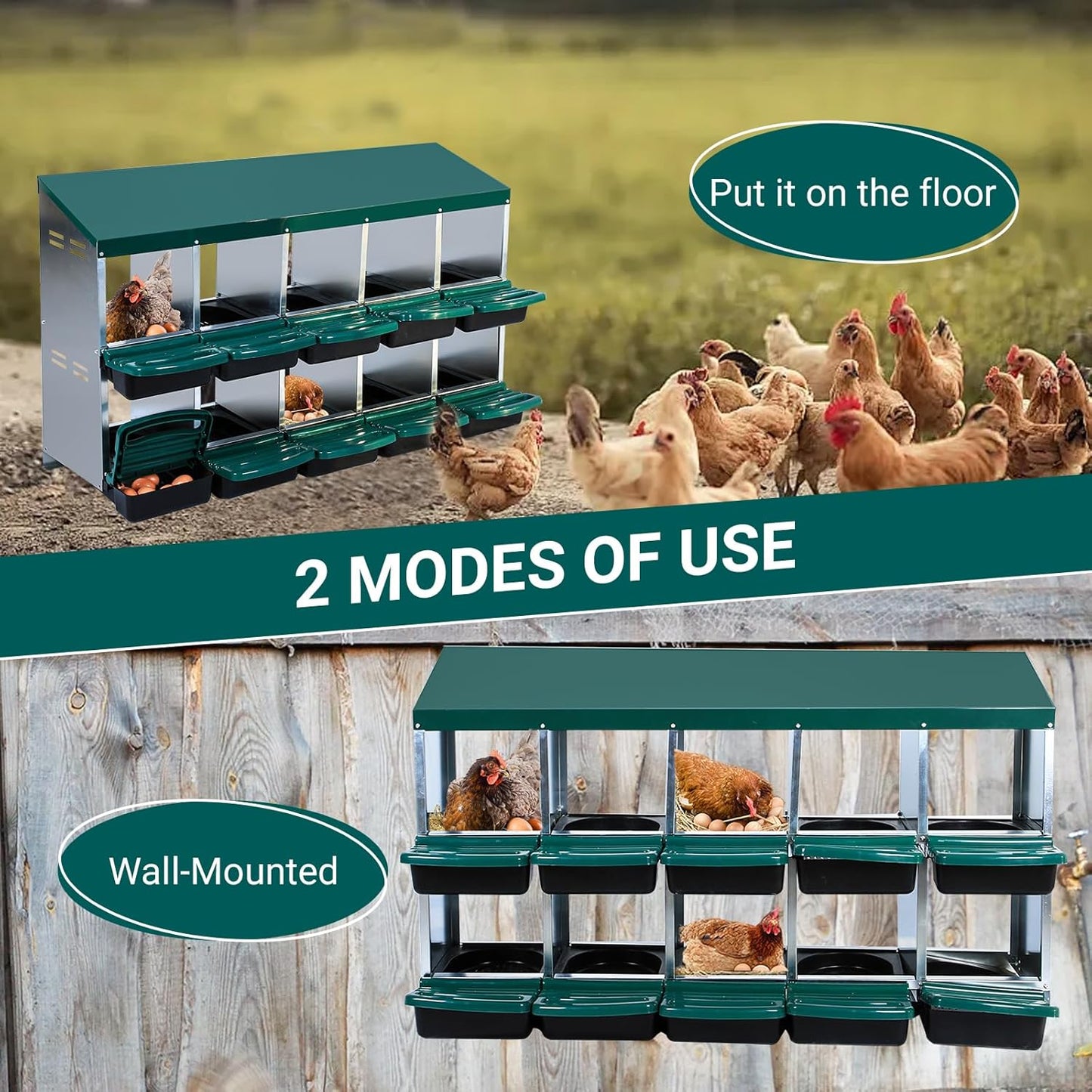 Chicken Nesting Box, 10 Hole 2 Layer Hen Nest Boxes, Roll Away Eggs Laying Boxes,Cleanable Pull Out Hen Roosting Boxes