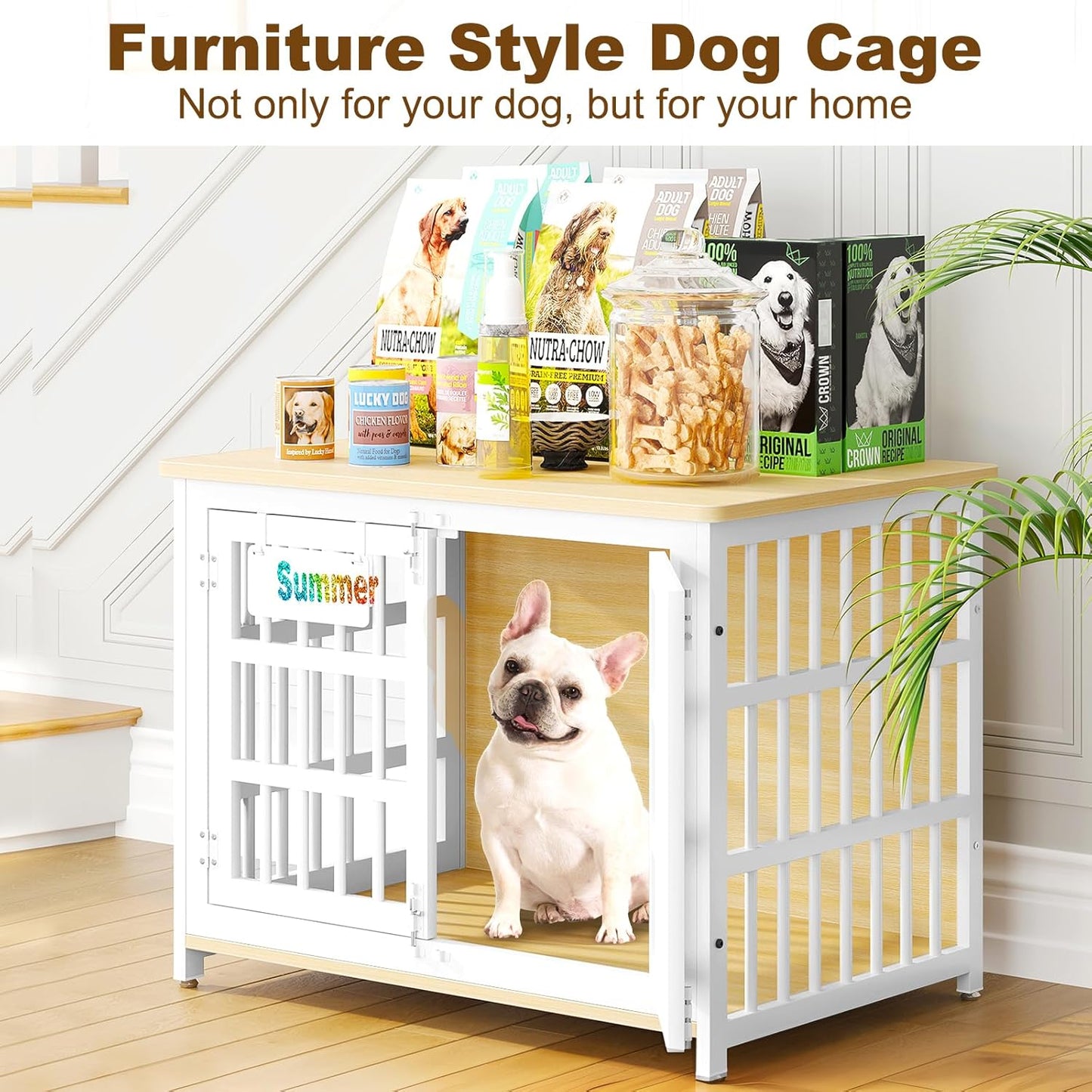EasyCom 33" Dog Crate Furniture with Name Tag, Heavy Duty Dog Kennel Indoor for Medium and Small Dogs, Double-Doors Sturdy Metal Dog Cage, Decorate House as TV Stand, End Table, Bedside Table