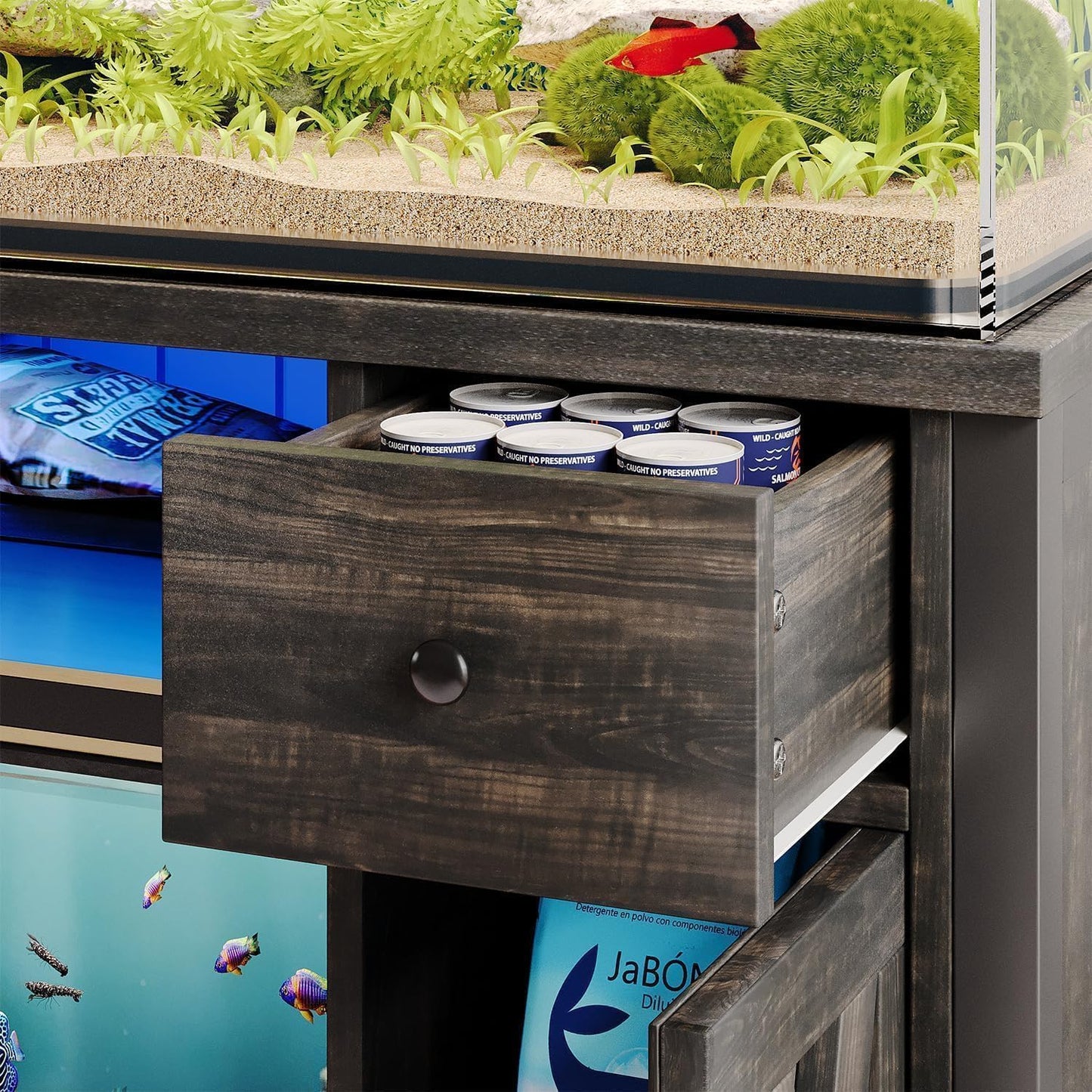 75 Gallon Fish Tank Stand with LED Light & Power Outlets, 55-75 Gallon Heavy Duty Metal Aquarium Stand with Drawers & Barn Doors, Cabinet for 2 Fish Tank Accessories Storage, Dark Oak