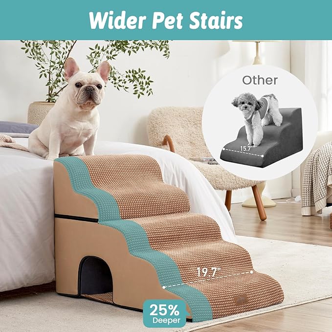 Extra Wide Dog Stairs with Tunnel, Detachable Large Pet Step for Small Medium Dog, Puppy or Cat, Ramp for High Bed, Couch, Sofa or Car, Stable, 19.7x33x22.4 inch, 5 Step, Light Brown