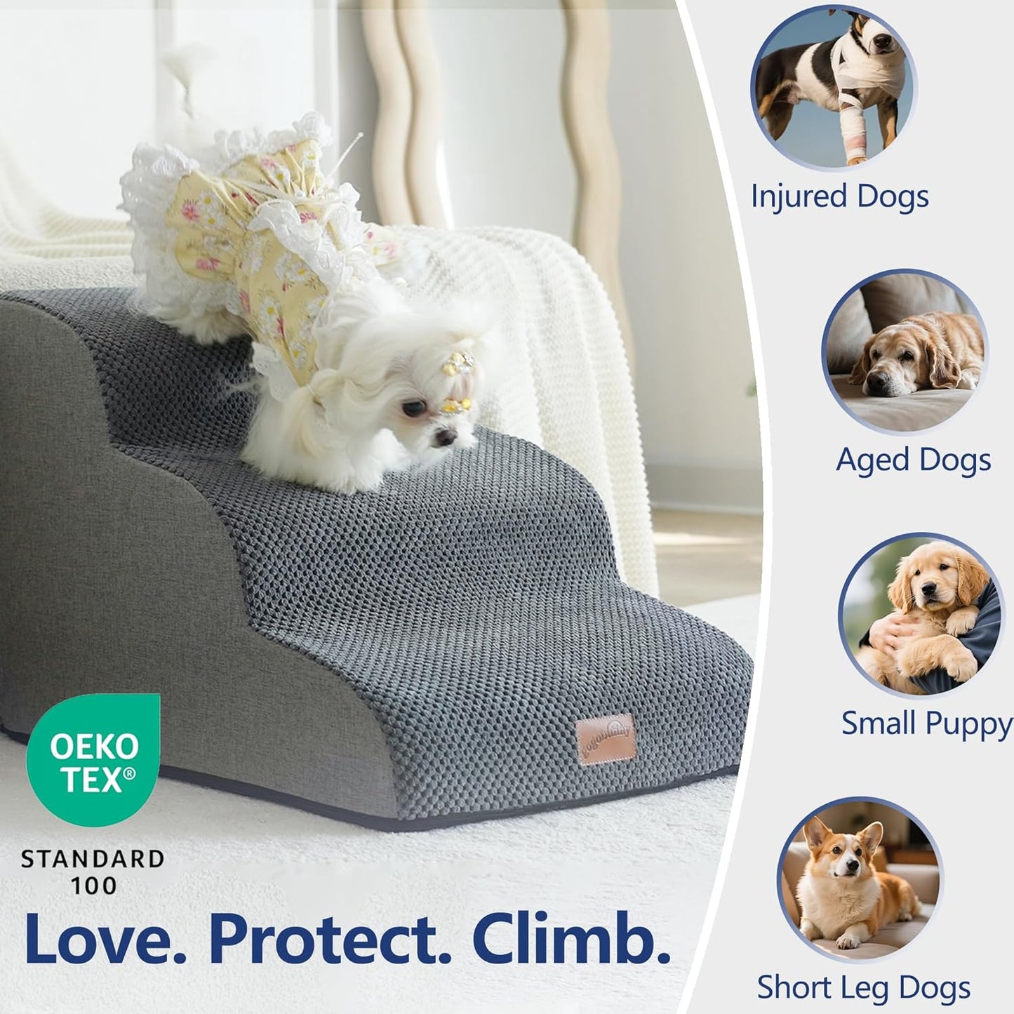 GoGoBunny Ramp Dog Stairs for High Beds 22.6" H, 5-Step Dog Slope Stairs with Durable Waterproof Fabric Cover, Pet Steps for Old Large Dogs Climbing, Non-Slip Sturdy Indoor Step, Grey