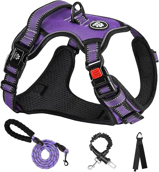 NESTROAD No Pull Dog Harness,Adjustable Oxford Dog Vest Harness with Leash,Reflective No-Choke Pet Harness with Easy Control Soft Handle for Large Dogs(Large,Purple)