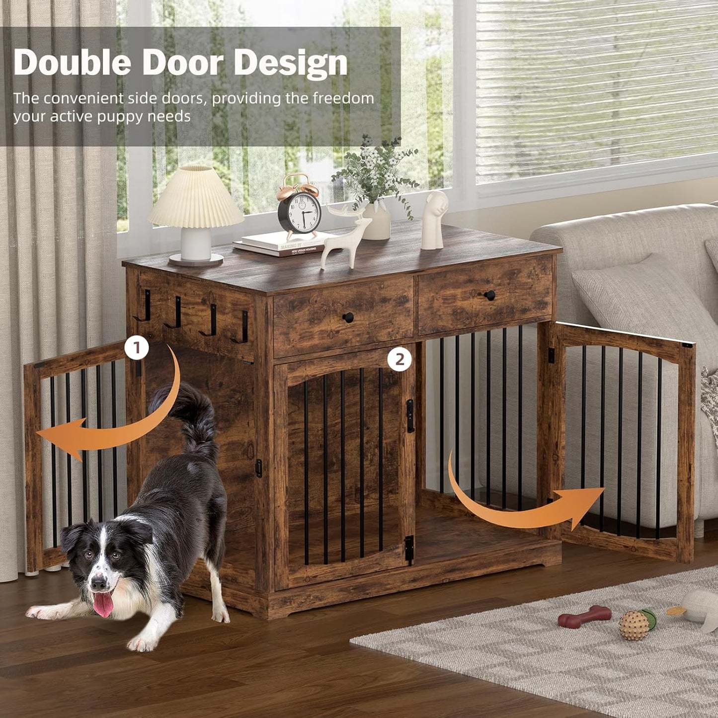 40 Inch Furniture-Style Dog Crate-Multipurpose Wood Pet Crate Furniture with Double Doors,2 Drawers, Decorative Dog House Indoor for Smal/Medium Dogs, Brown Finish