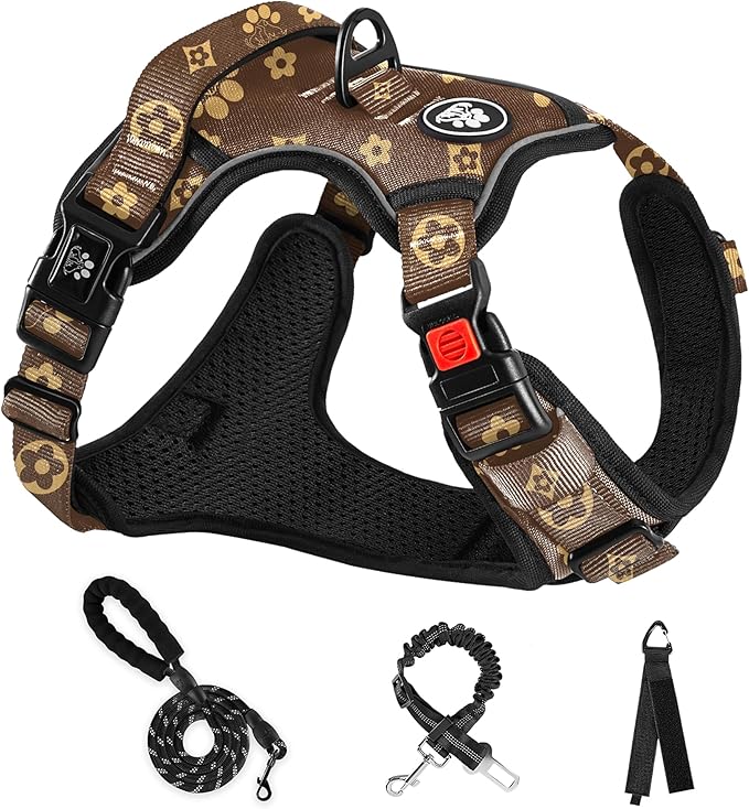 NESTROAD No Pull Dog Harness,Adjustable Oxford Dog Vest Harness with Leash,Reflective No-Choke Pet Harness with Easy Control Soft Handle for Large Dogs(Large,Dark Brown)