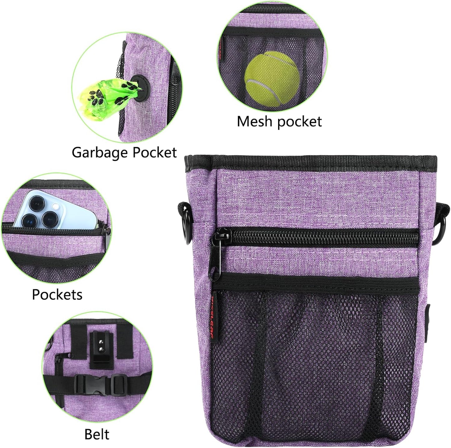 Dog Treat Pouches for Pet Training with Magnetic Closure Treat Pouches for Pet Training,Large Dog Treat Training Pouch and Dog Clicker,Training Treat Pouch Built-In Poop Bag Dispenser-Purple.