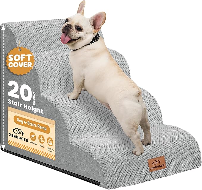 Dog Ramp and Stair for Bed 16" H-20 H,3-Step Cat Stair for Sofa and Chair,4-Step Dog Ramp for High Bed and Window,Durable Nonslip Fabric Cover for Indoor (Light Grey-20 H, Pet Friendly, 4)