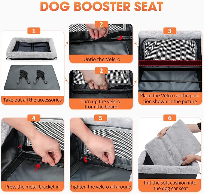 JOEJOY Deluxe Dog Booster Seat with Sturdy Metal Frame and Safety Leash for Small Pets up to 20 lbs - Portable Puppy Dog Car Seat with Thick Cushion and Storage Pockets for Small Dogs, Black