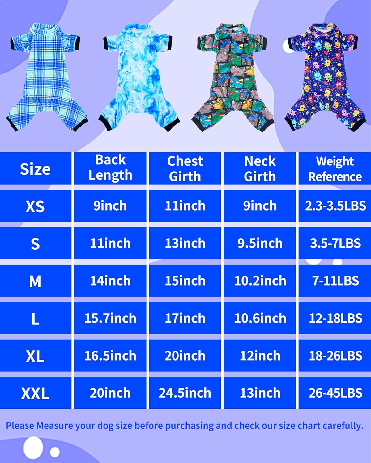 PET SHOW 4 Pack Small Dog Pajamas Cute Dinosaur Monster Clothes Doggies Soft Fleece Stretchy PJs Plaid Jumpsuit Puppy Cats Tie Dye Onesies Outfits with Sleeve Pets Dachshund Costume(XS, Blue for Boys)