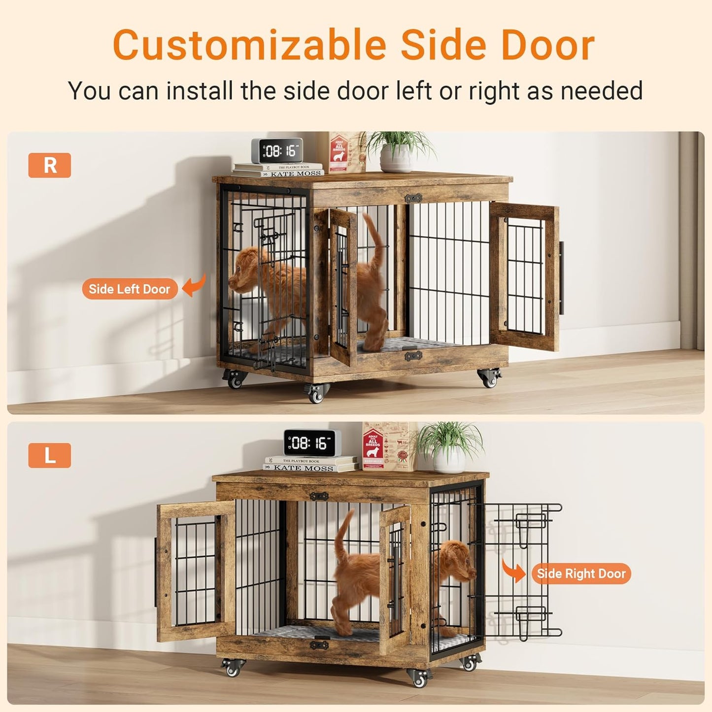 Lulive Small Dog Crate Furniture Set of 2, Dog Kennel Indoor Double Doors Wooden Dog Cage, 27' Heavy Duty Dog Crate with Cushion & Wheels, End Table Pet House Chew-Resistant Up to 30 lb, Rustic Brown
