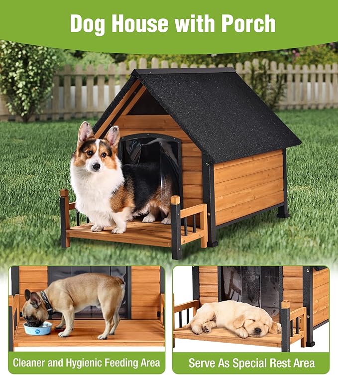 GUTINNEEN Dog House Outdoor Weatherproof with Porch, Puppy Shelter Indoor with Anti-Bite Design, PVC Curtain, Asphalt Roof, Elevated Waterproof Base, for Small to Medium Dogs - Brown