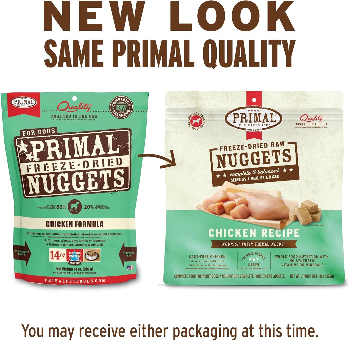 Primal Freeze Dried Dog Food Nuggets, Chicken, Complete & Balanced Meal, Also Use as Topper or Treat, Premium, Healthy, Grain Free, High Protein Raw Dog Food, 14 oz (Pack of 4)