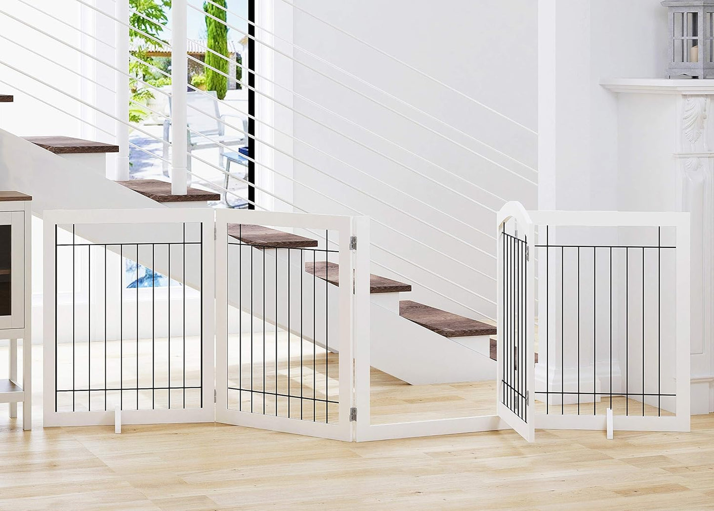 SPIRICH 96-inch Extra Wide 30-inches Tall Dog Gate with Door Walk Through, Freestanding Wire Pet Gate for The House, Doorway, Stairs, Pet Puppy Safety Fence, Support Feet Included (White)