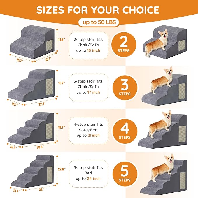 Dogs Steps for Bed, Dog Stairs for Small Dogs, 2-Step Dog Ramp for Bed, Couch, Sofa, and Chairs, Non-Slip Bottom Design, Cat Scratching, High Density Foam Portable Pet Step, Indoor, Grey