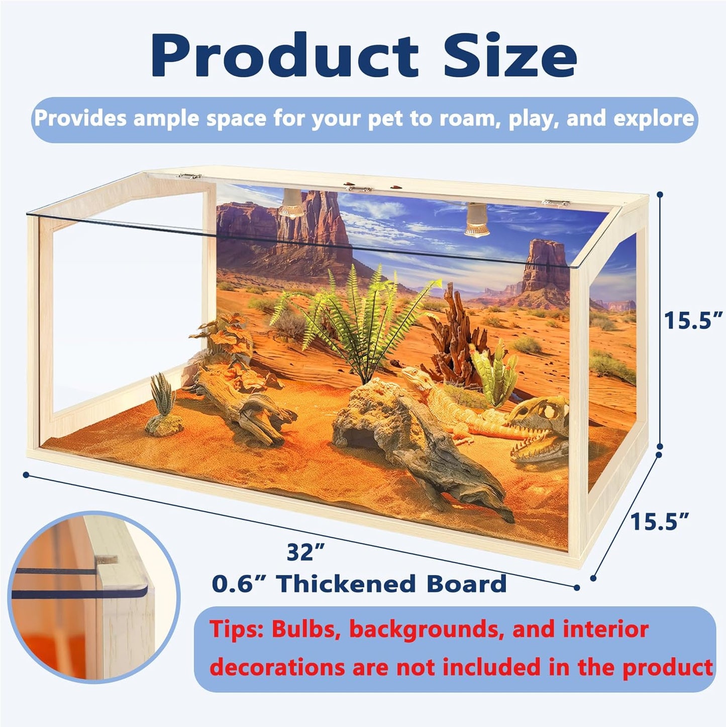 Prolee Bearded Dragon Tank, Reptile Enclosure, Snake Tank, Reptile Terrarium, Built-in Light Fixtures with Switch, (30 Gallon, 32" Long, Clear Acrylic Roof)