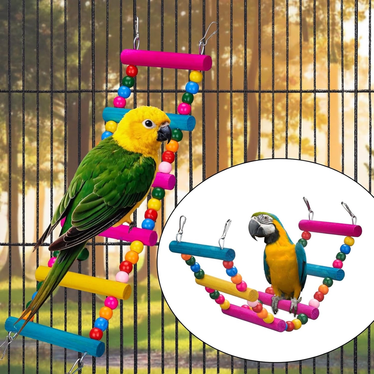 11Pcs Bird Parakeet Toys Wooden Bird Platform Stands Swing Hanging Chewing Toy Parrot Climbing Ladder Colorful Bird Cage Toys for Parakeet, Conure, Cockatiel, Love Birds, Finches