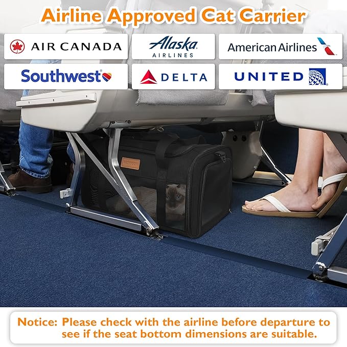 PETUX TSA Approved Pet Carrier in Cabin, 17"x11"x9.5" Soft Cat Carriers for Small Cat up to 12 lb and Puppy up to 10 lb, Top Open Portable Pet Carrier Airline Approved for Travel and Vet Visit (Black)