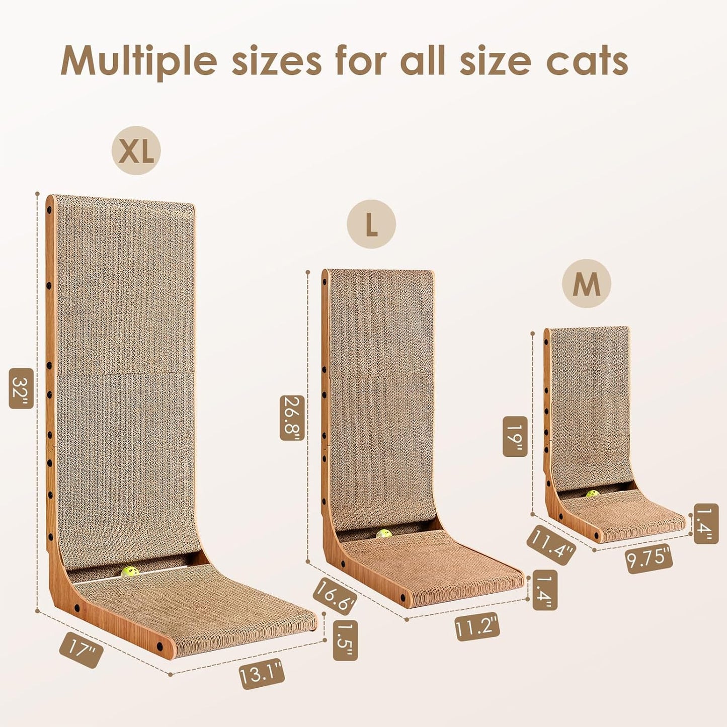 EHEYCIGA Cardboard Cat Scratcher for Indoor Kitten Cats, 19 Inch L Shaped Vertical Cat Scratching Board with Ball Cat Toy, Small Cat Scratcher Pad, Brown