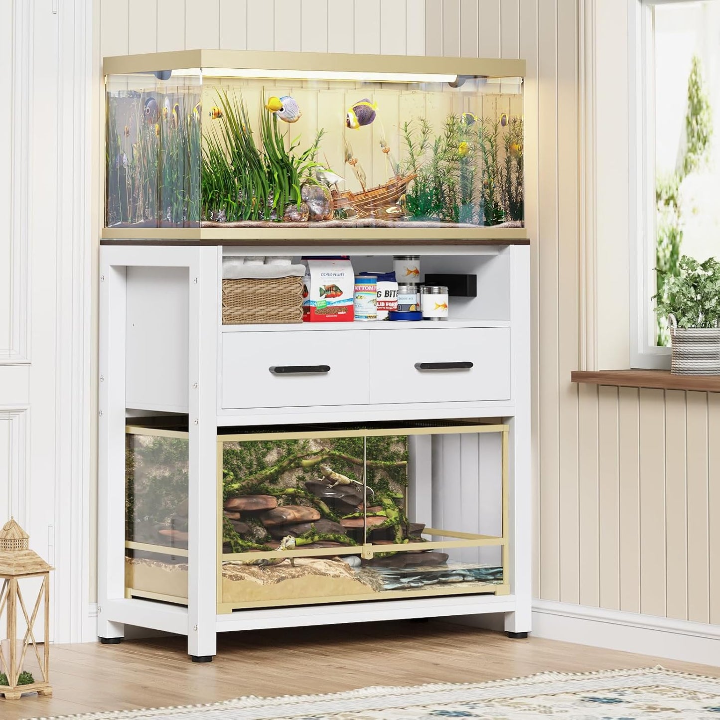 20-29 Gallon Fish Tank Stand with Power Outlet & 2 Storage Drawers, Heavy Duty Metal Frame Aquarium Stand with Waterproof Mat, 30.7" L*15.7" W Tabletop, 550LBS Capacity, White+Brown
