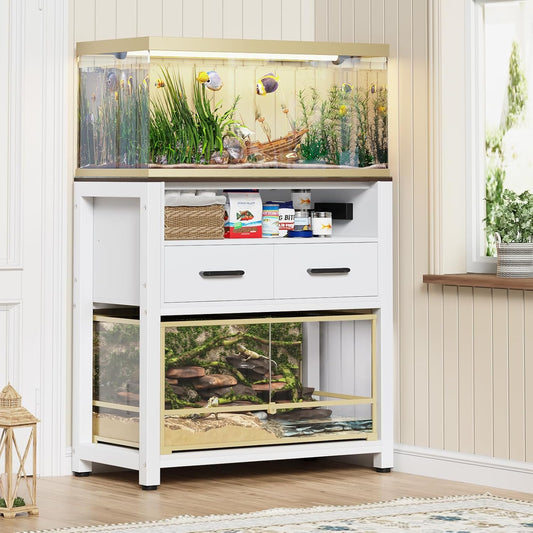 20-29 Gallon Fish Tank Stand with Power Outlet & 2 Storage Drawers, Heavy Duty Metal Frame Aquarium Stand with Waterproof Mat, 30.7" L*15.7" W Tabletop, 550LBS Capacity, White+Brown