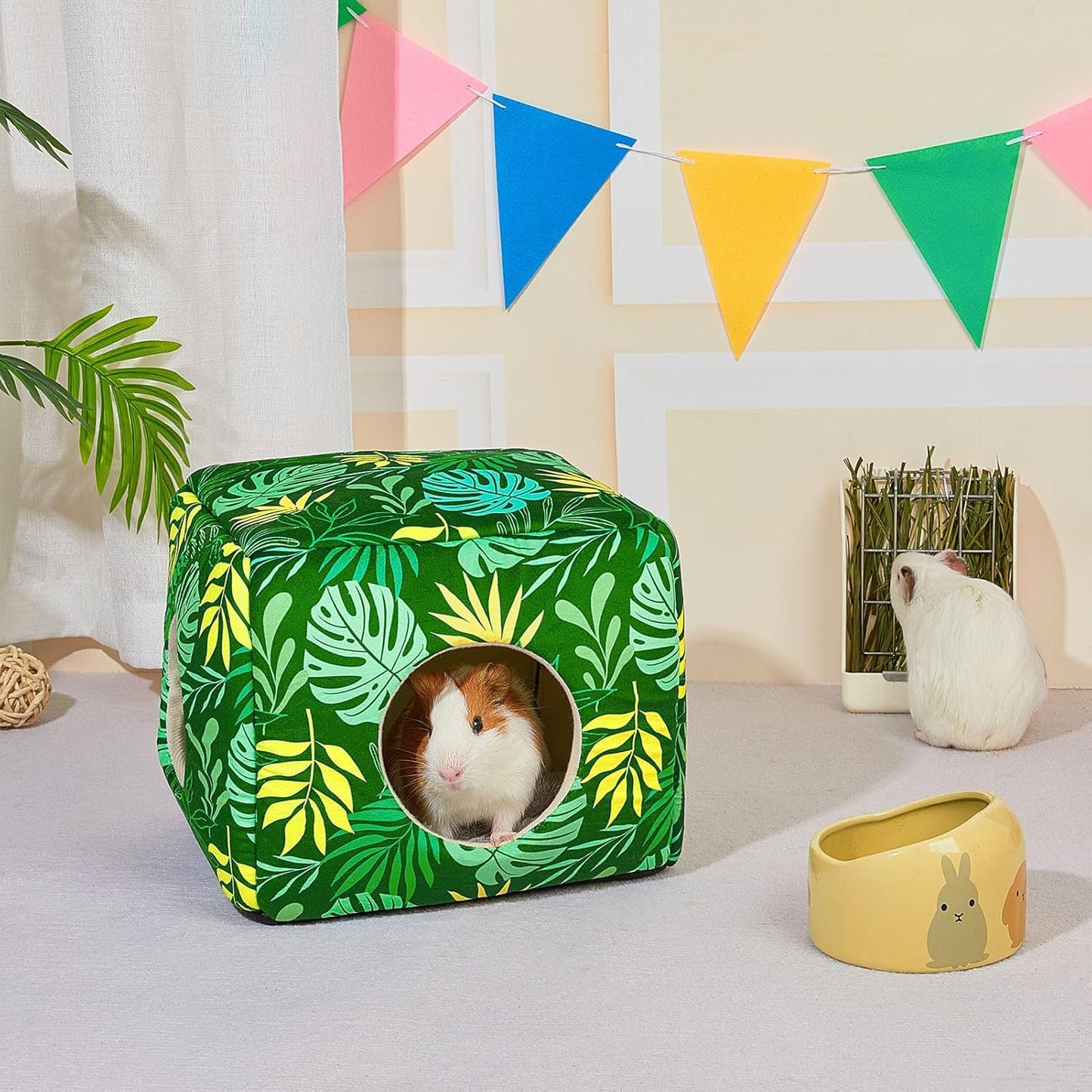 Bienbee Guinea Pig Hideout, Washable Guinea Pigs House Cozy Guinea Pigs Bed for Small Pet Bunny/Rabbit/Hamster/Chinchilla Guinea Pig Accessories Green Leaf