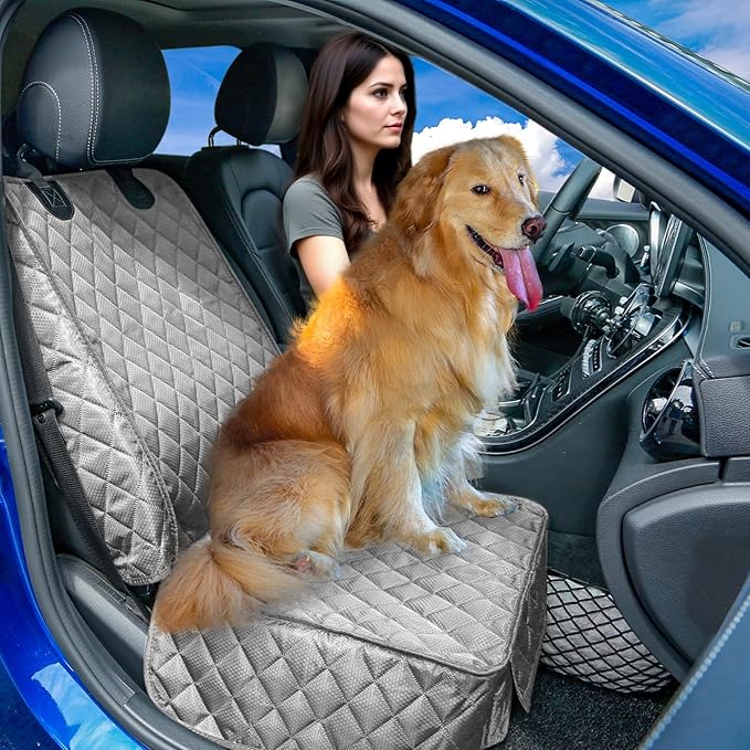PETICON Waterproof Front Seat Car Cover 2 Pack, Full Protection Dog Car Seat Cover with Side Flaps, Nonslip Scratchproof Captain Chair Seat Cover Fits for Cars, Trucks, SUVs, Jeep, Gray (Gray)
