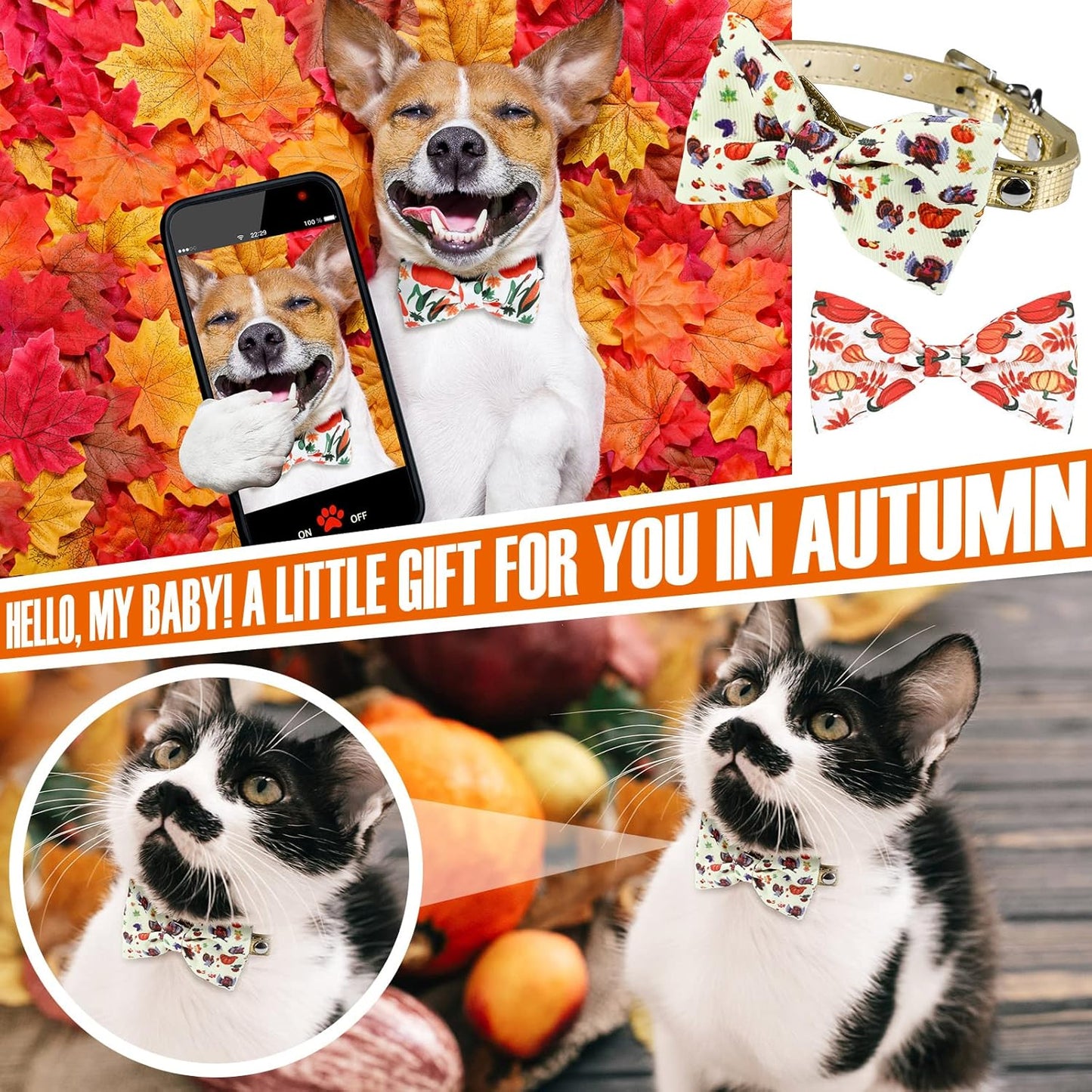 Weewooday 16 Pcs Dog Bow Ties Slide Pet Collar Bows Summer Hawaiian Styles Large Dog Collar Attachment Bowtie with Rubber Bands Male Pet for Spring Summer Grooming Independence Day(Pumpkin Style)