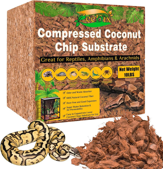 ZeeDix 10LB Coco Fiber Chips Substrate for Reptiles, 72 Quart Coconut Fiber Husk Substrate Mulch Coco Chips Bricks Reptiles Bedding for Geckos, Lizards, Tortoises, Ball Python, Frogs