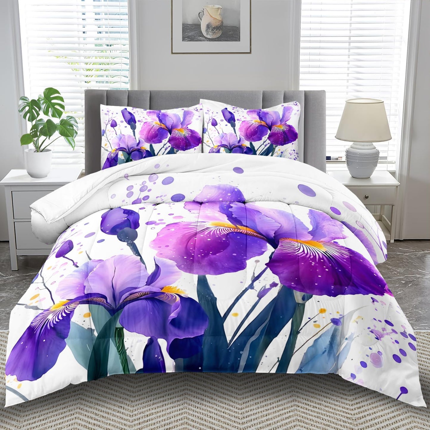 Purple Floral Comforter Set Full Size Woman,Purple Iris Comforter for Girls,Pink Flower Bedding Set Full Bedroom Decor,Floral Bedding Quilt Bed Decor Pink for Kids and Adults