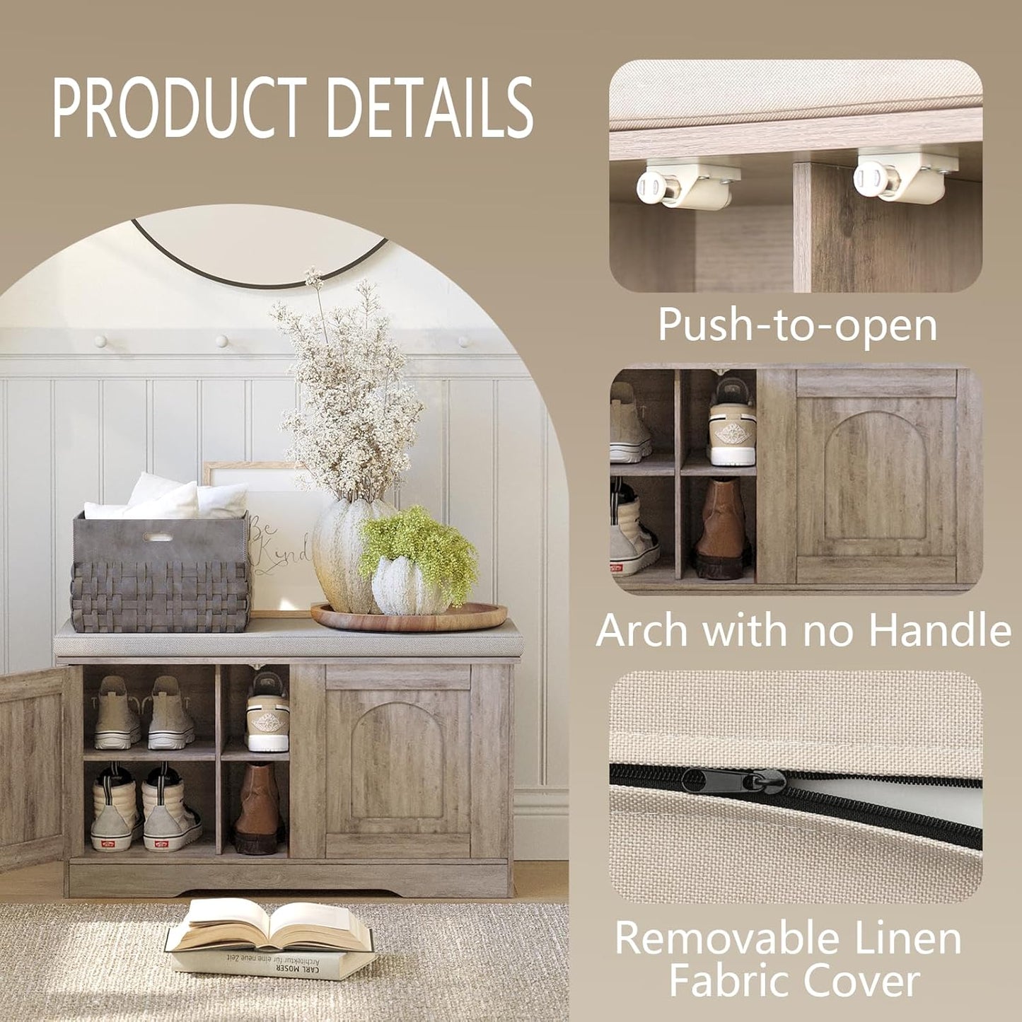 DINZI LVJ Shoe Bench, Entryway Storage Bench with Doors, Cushion, 2-Tier Shoe Rack with 6-Cubby, 31.5”L x 13.8”W Shoe Organizer Cabinet, Adjustable Shelf, Living Room, Bedroom, Greige