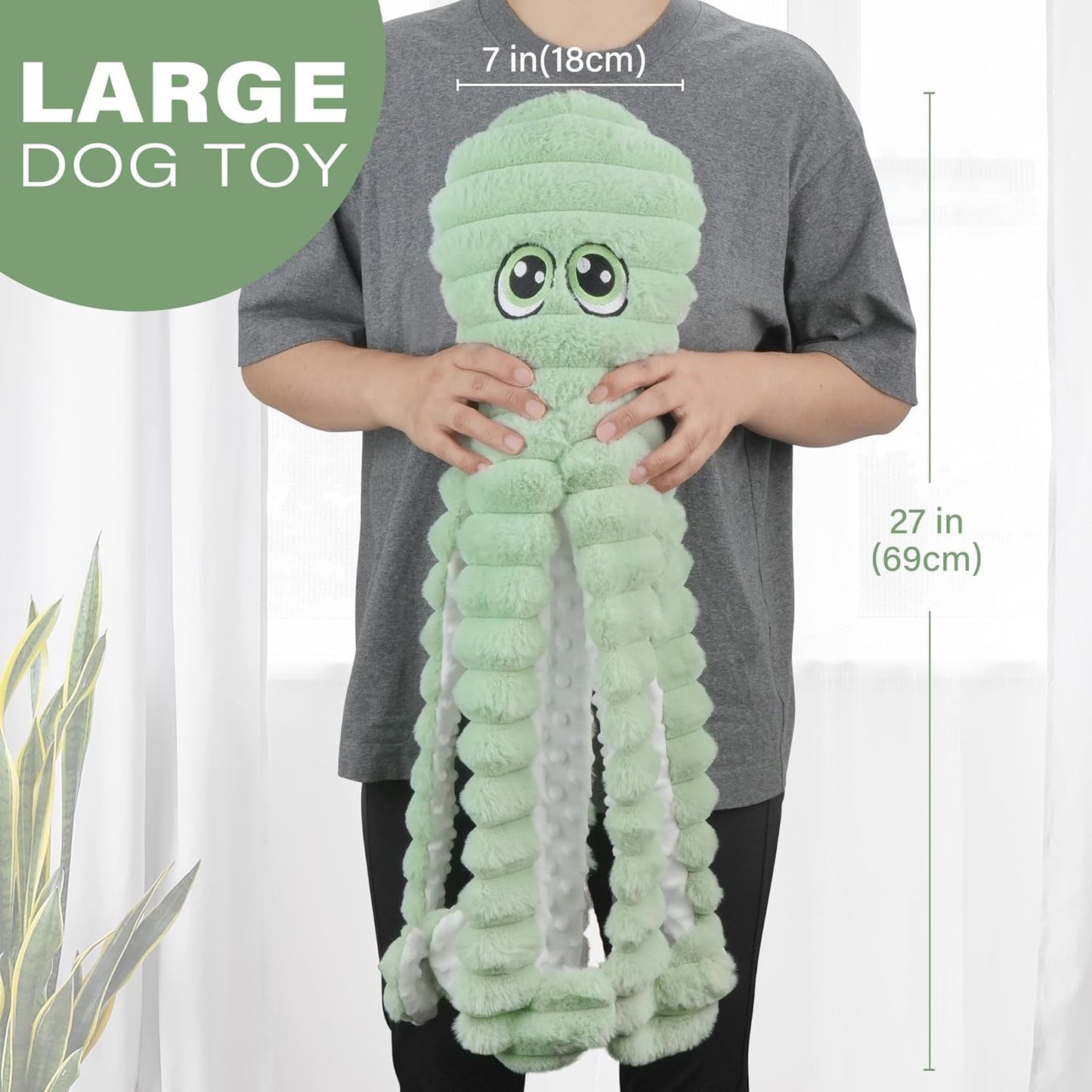 Prime Pets Dog Toys for Large Dogs, 27” Extra Large Plush Octopus Dog Toy, Crinkle Squeaky Dog Toy for Small Medium Large Breeds, Interactive Stuffed Chew Toys to Keep Them Busy, Green