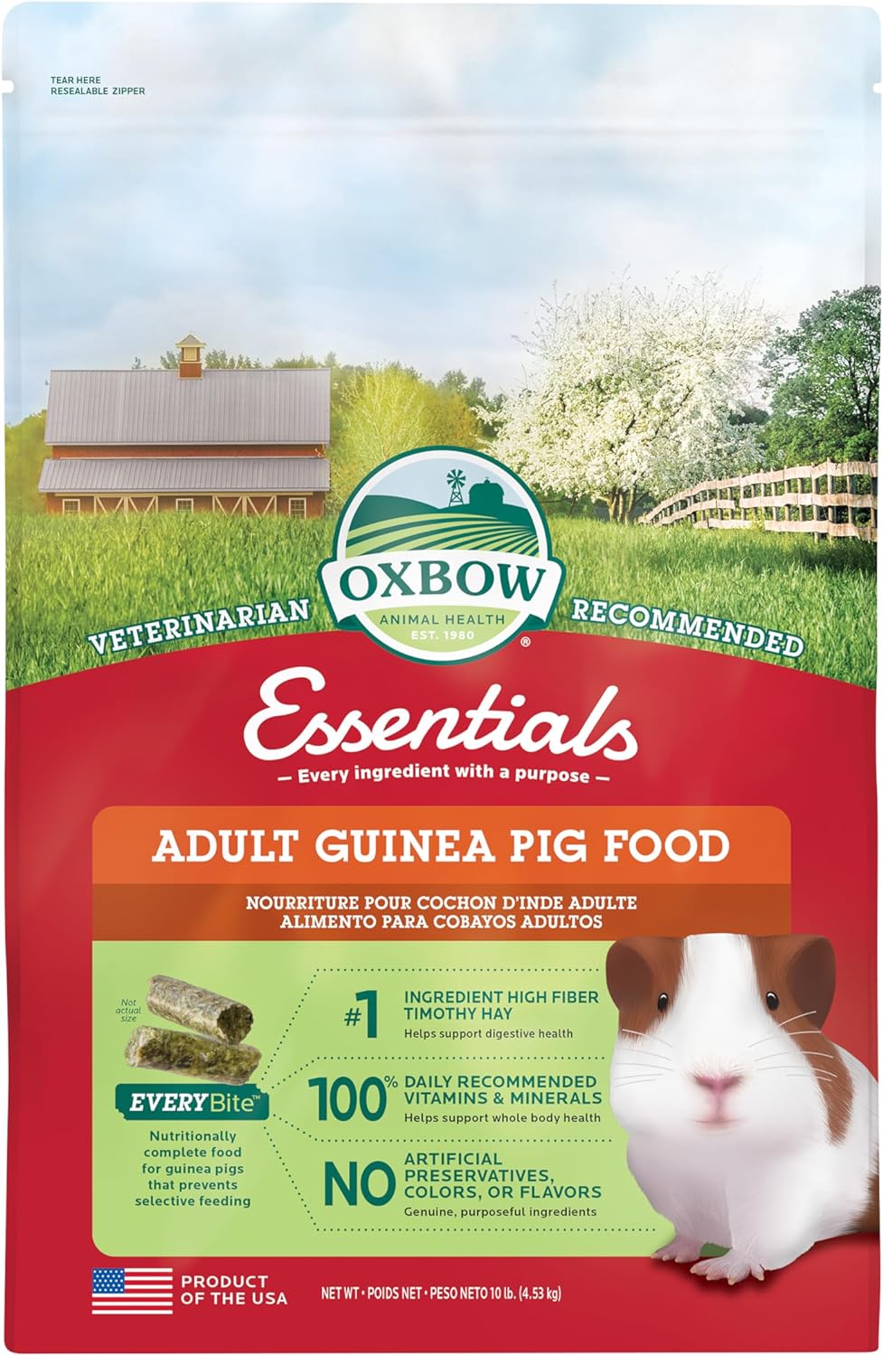 Oxbow Essentials Guinea Pig Food, Adult Guinea Pig, Made with Oxbow Timothy Hay, Pet Food Pellets with Vitamin C, Small Animal Pet Products, Made in USA, High Fiber, 10 lb. bag